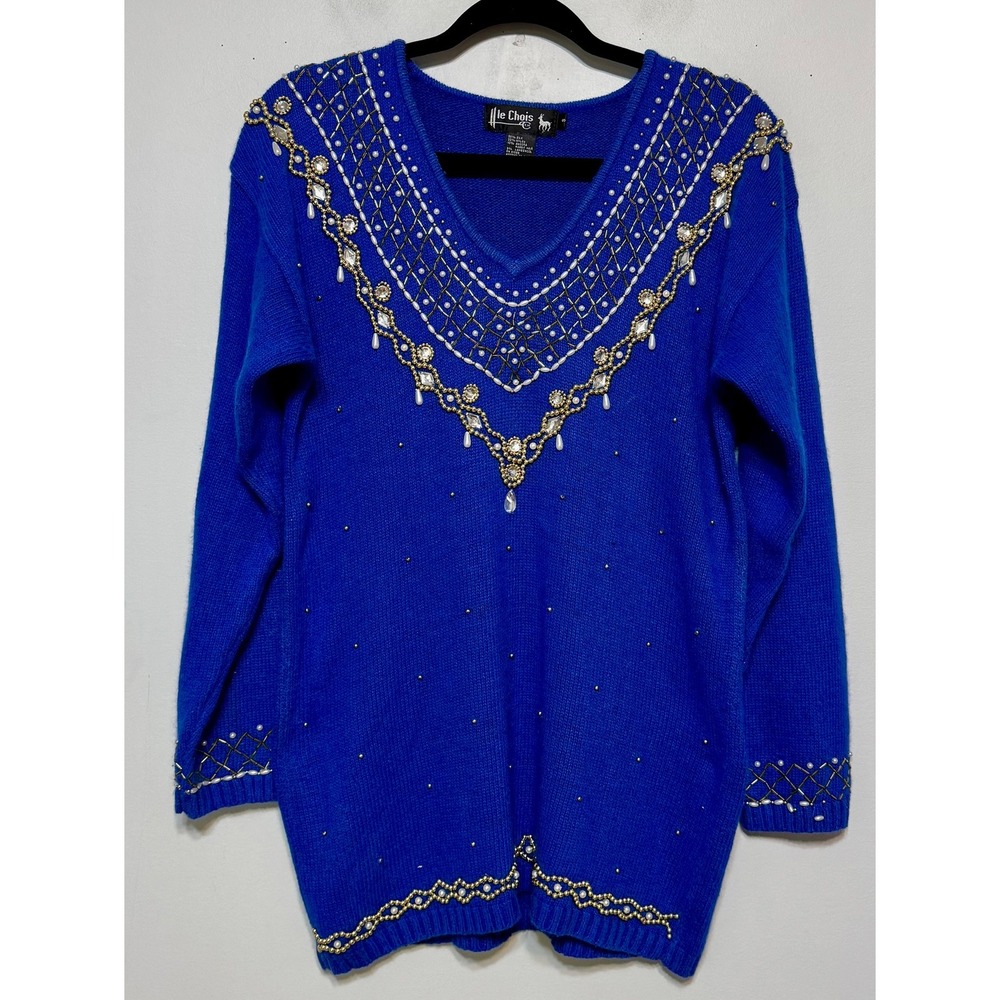 Vintage Le Chois Coquette Beaded Pearl Sweater Small Holiday Glam‎ Statement